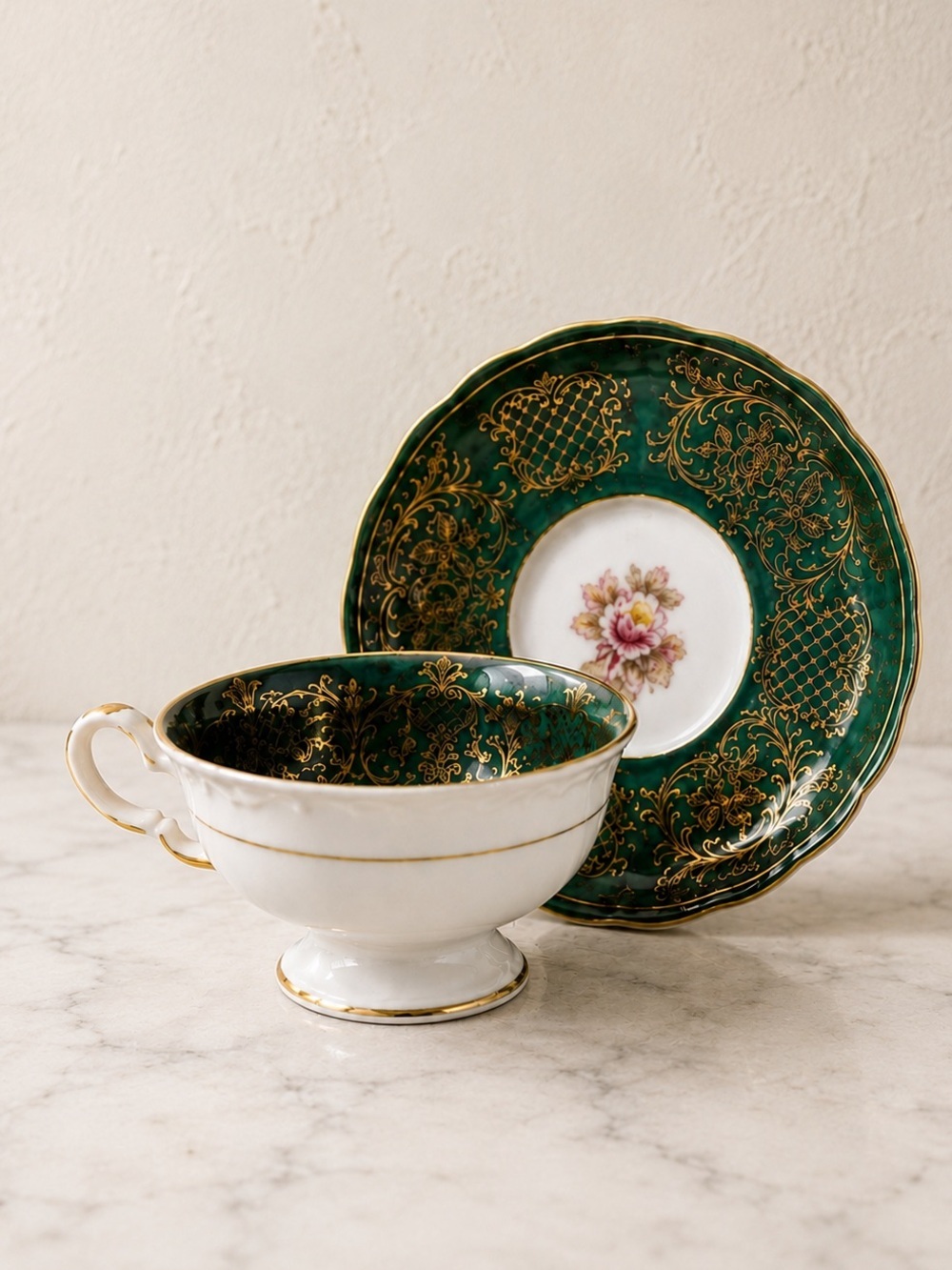 🆓 $0 WITH PURCHASE - Japanese Emerald Green Floral Teacup & Saucer Porcelain